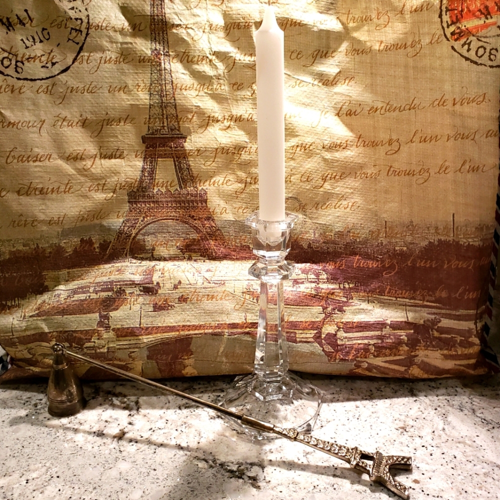 Silver Candle snuffer, candle holder & candle.